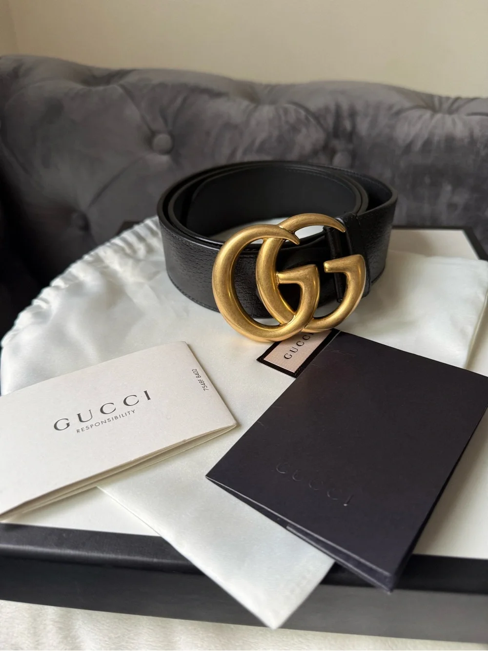 🔥Gucci GG Buckle Belt Black Leather Belt with Gold Double GG Full inclusion🔥